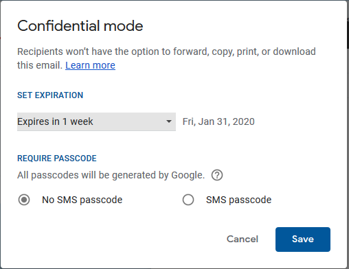 Gmail Confidential Mode Window