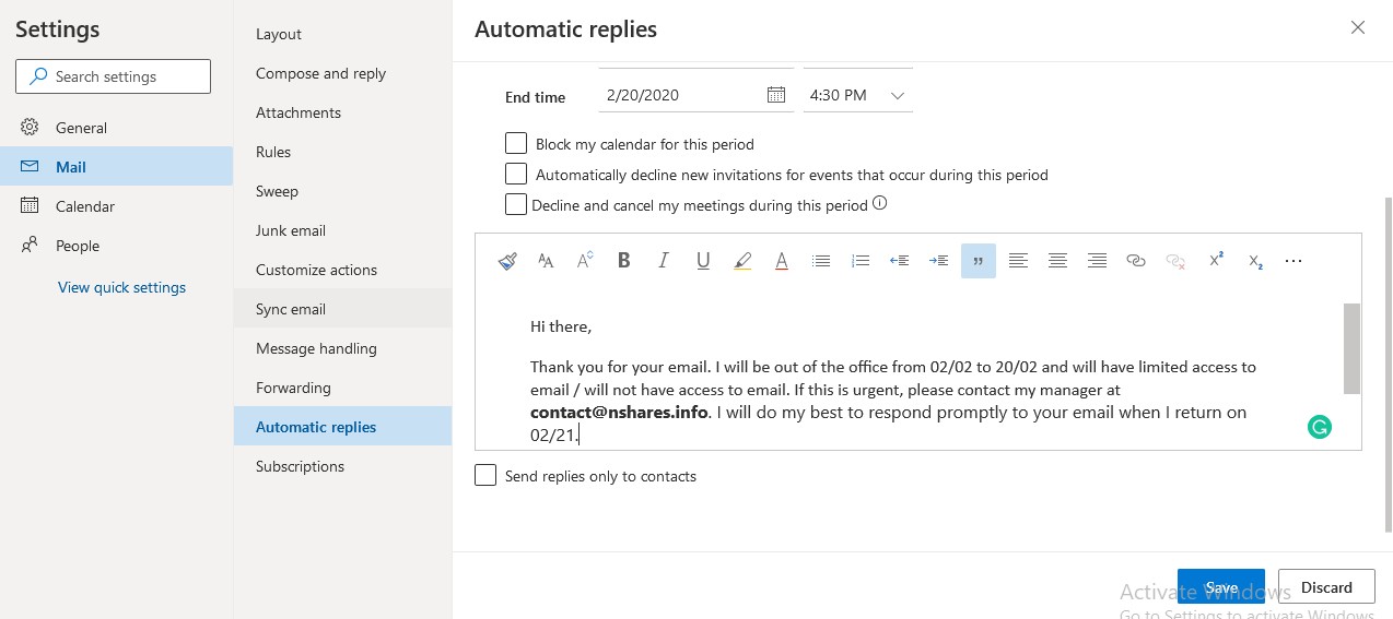 Outlook Auto Reply Message Setup