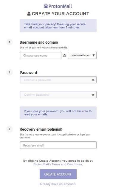 protonmail sign up page