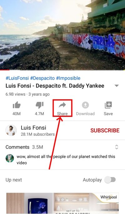 Video Share Option On Youtube Application