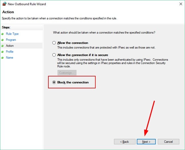 Block Connection Option Under New Outbound Rule