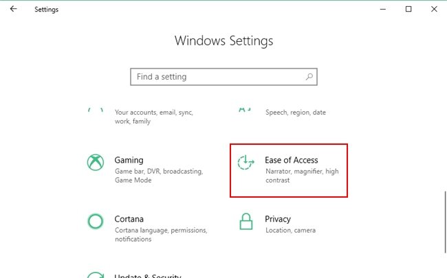 Ease Of Access Option Under Windows 10 Settings