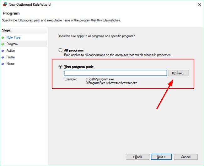 Select Program For Outbound Rule Creation