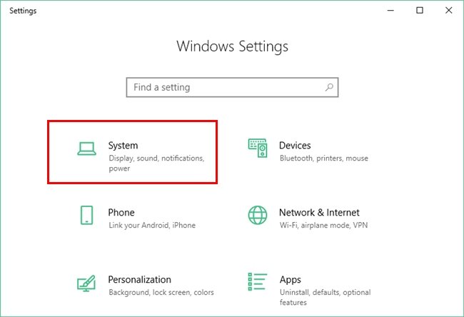 System Settings Option Under Windows 10 Settings