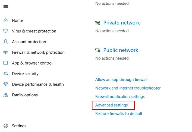 Windows Firewall Advanced Settings Option