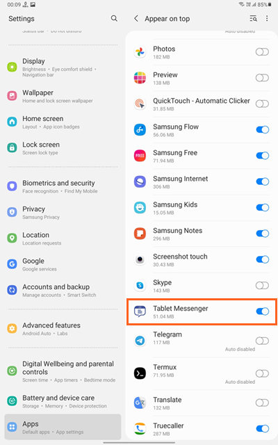 Enable Appear On Top Permission For Tablet Messenger